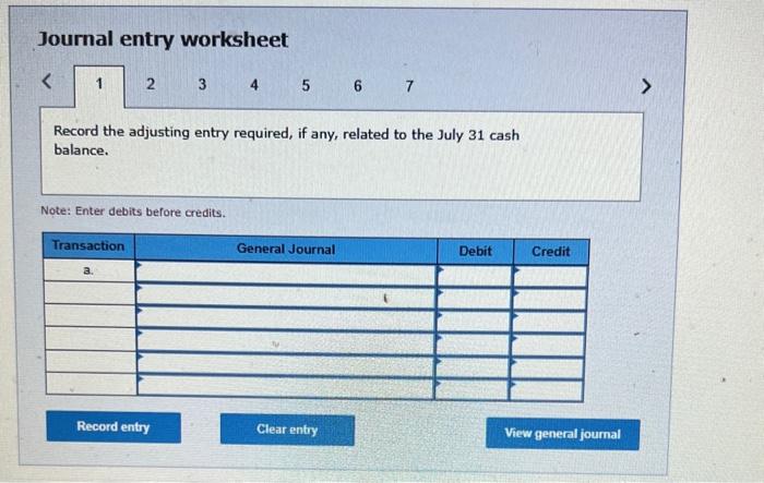 balance as of July 31. a. On July 31, the company's Cash
