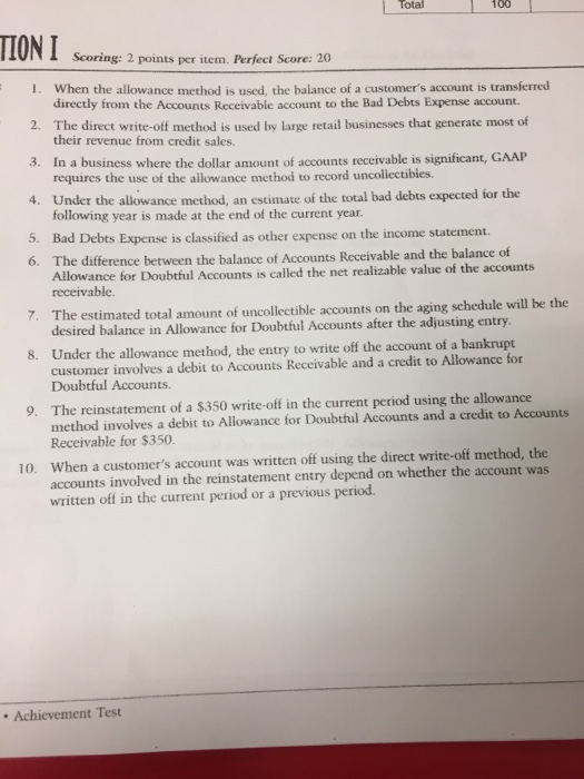  Total 100 Scoring: 2 points per item. Perfect Score: 20 I.