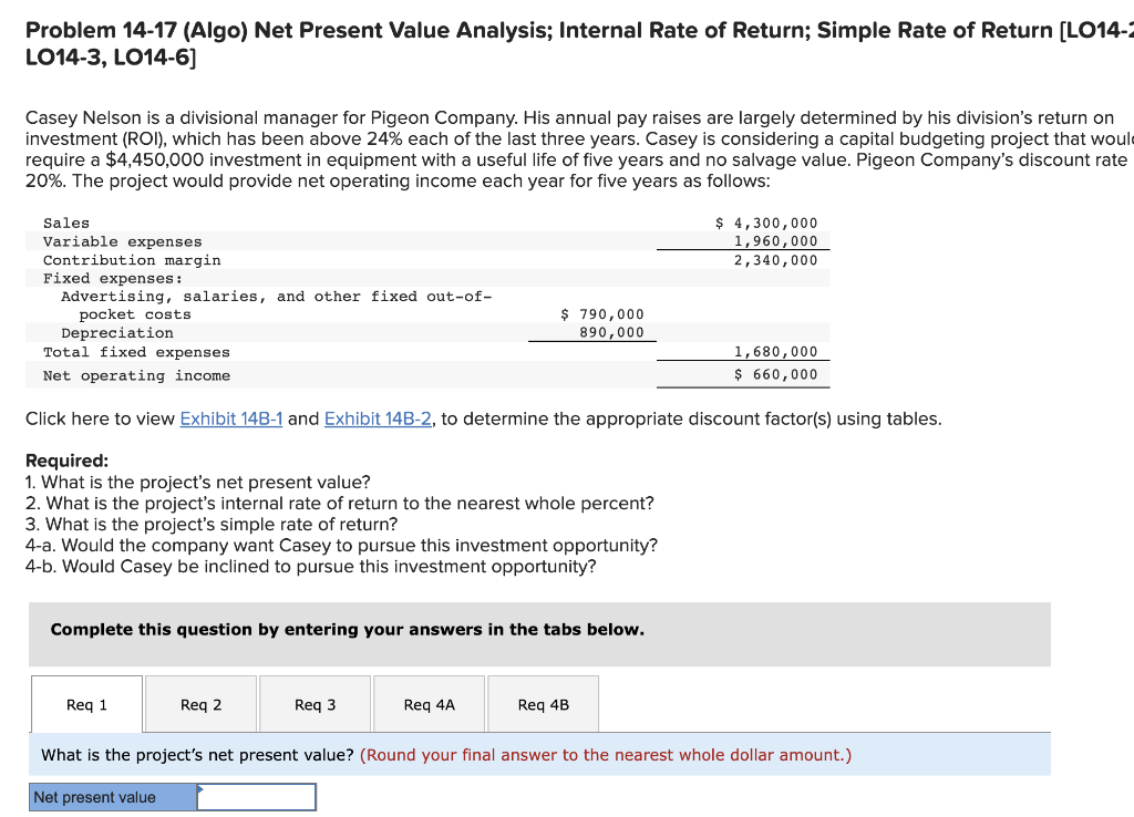 Problem 14-17 (Algo) Net Present Value Analysis; Internal Rate of Return;