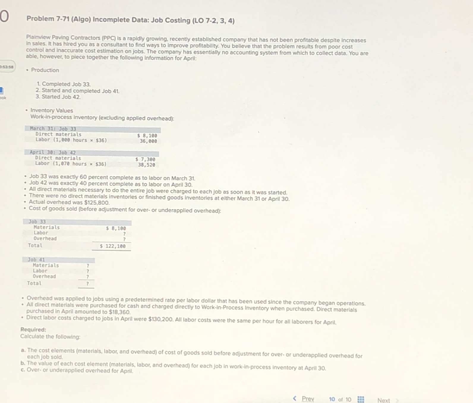  Problem 7-71(Algo) Incomplete Data: Job Costing (LO 7-2,3,4) Plainview Paving Contractors