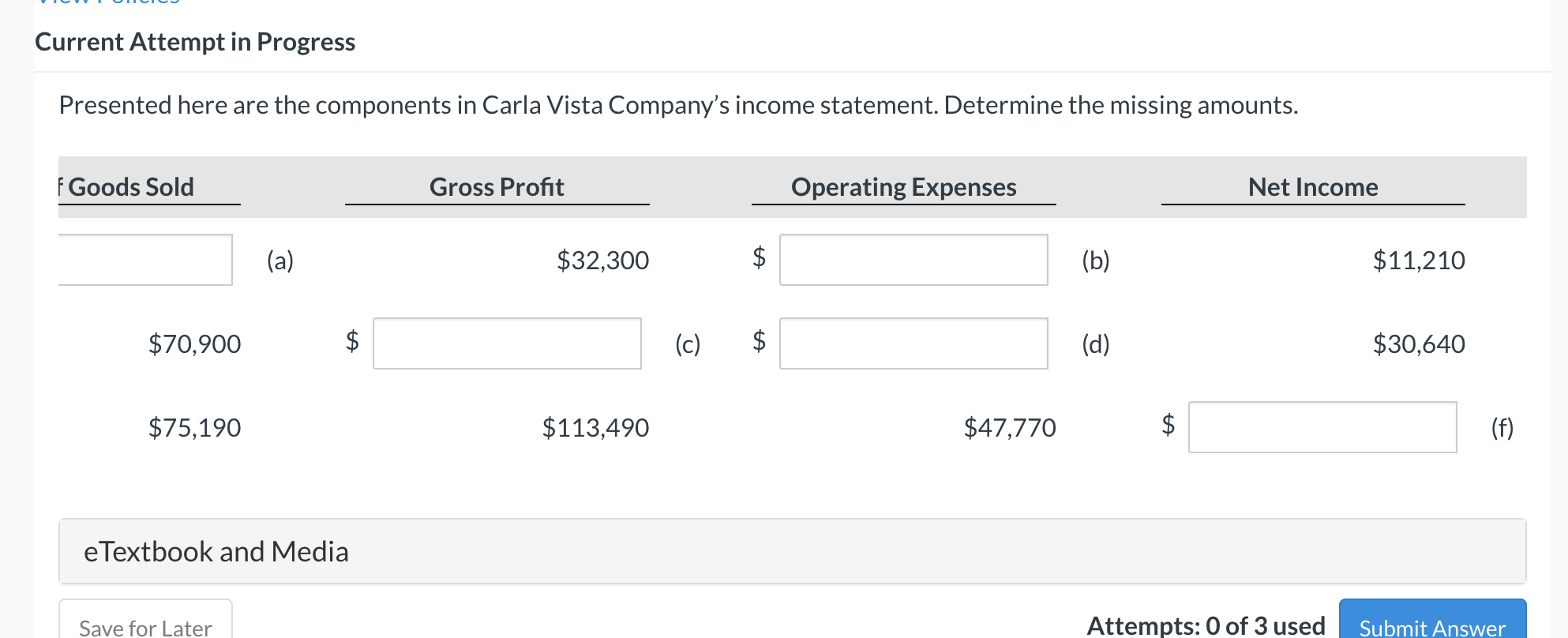 Vista Company's income statement. Determine the missing amounts. Current Attempt in Progress