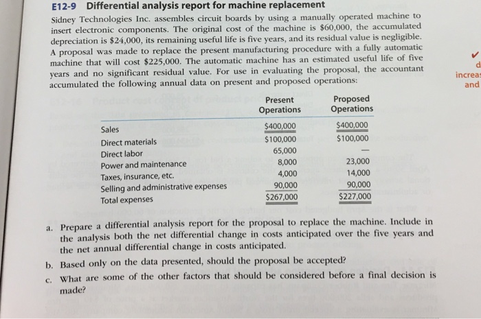  E12-9 Differential analysis report for machine replacement sidney Technologies Inc. assembles