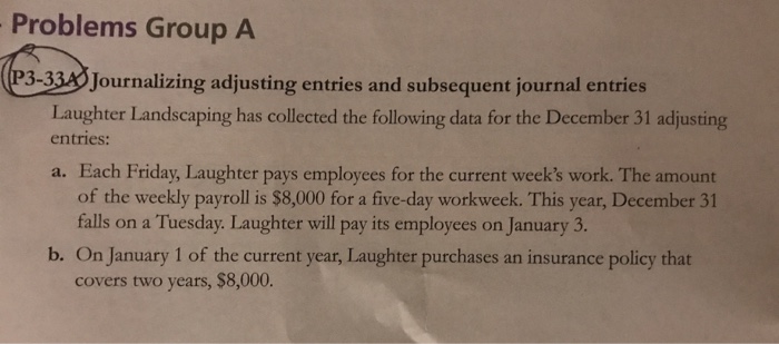  Problems Group A 3-334Journalizing adjusting entries and subsequent journal entries Laughter