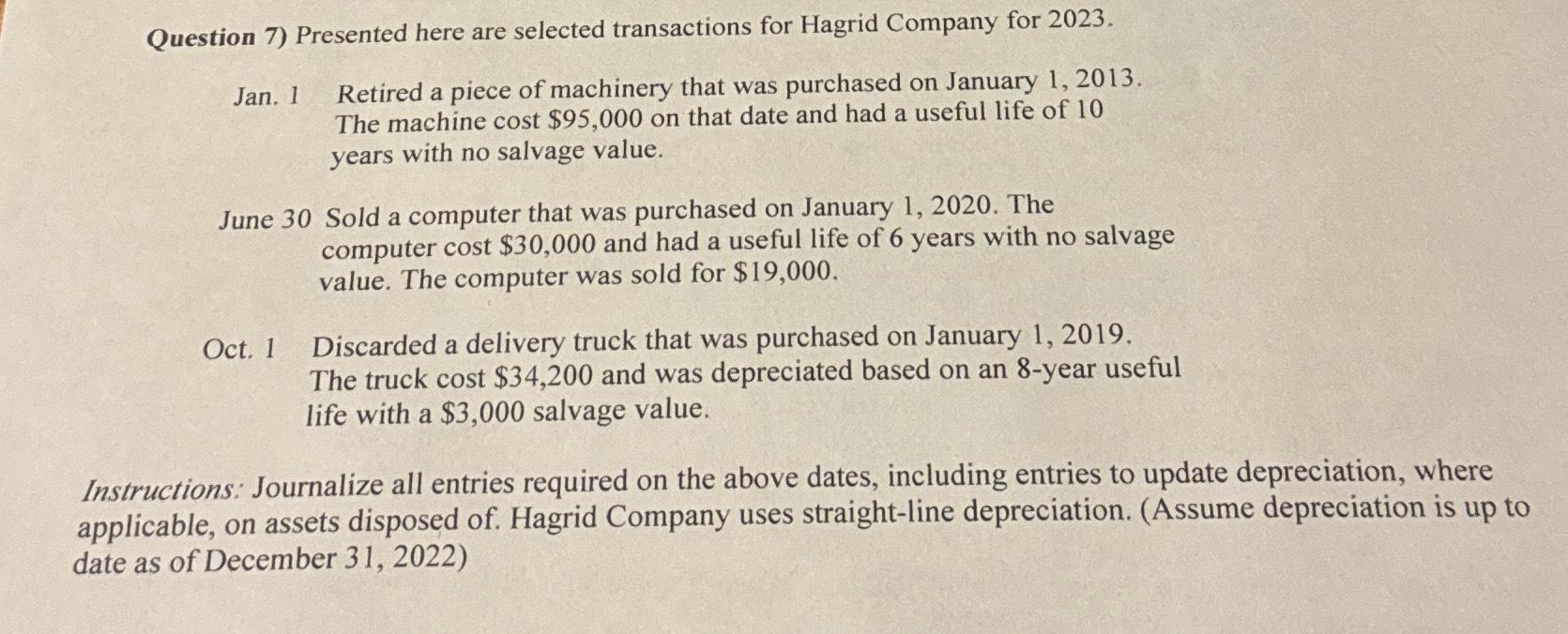  Question 7) Presented here are selected transactions for Hagrid Company for