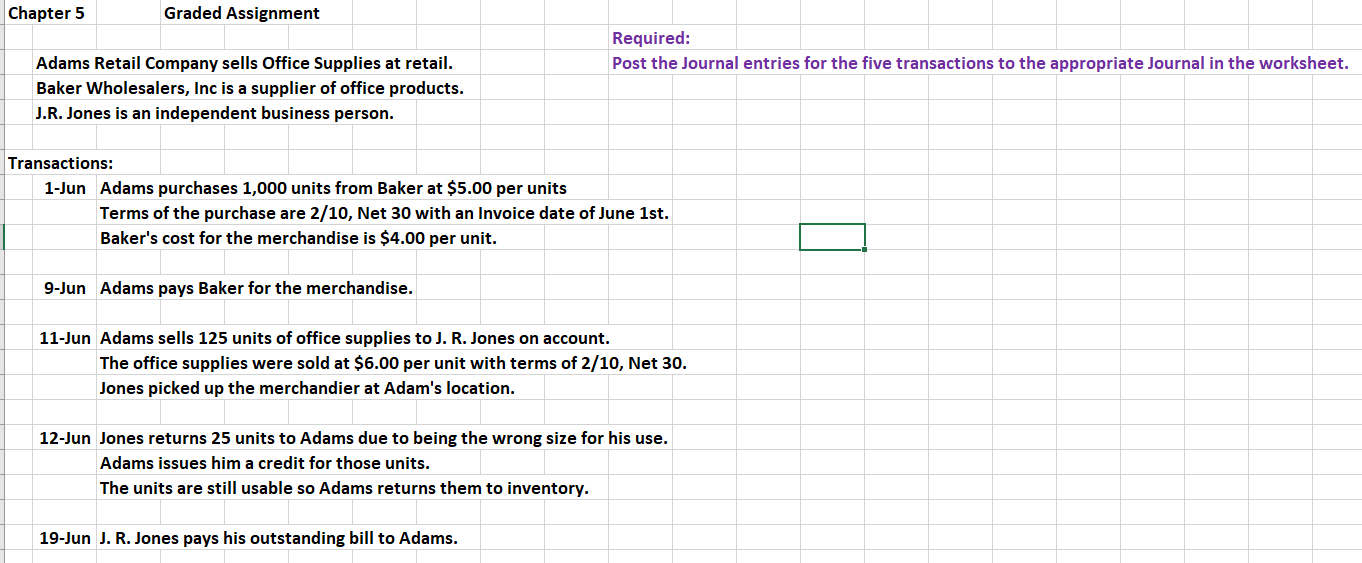  Chapter 5 Graded Assignment Required: Post the Journal entries for the