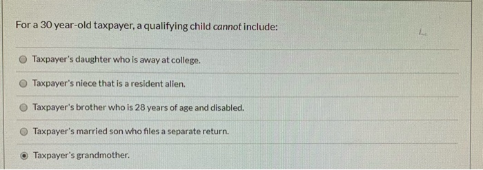  For a 30 year-old taxpayer, a qualifying child cannot include: Taxpayer's
