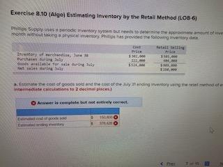 Exercise \&.10 (Alge) Estimating ltwentory ay the Retail Method { LOA