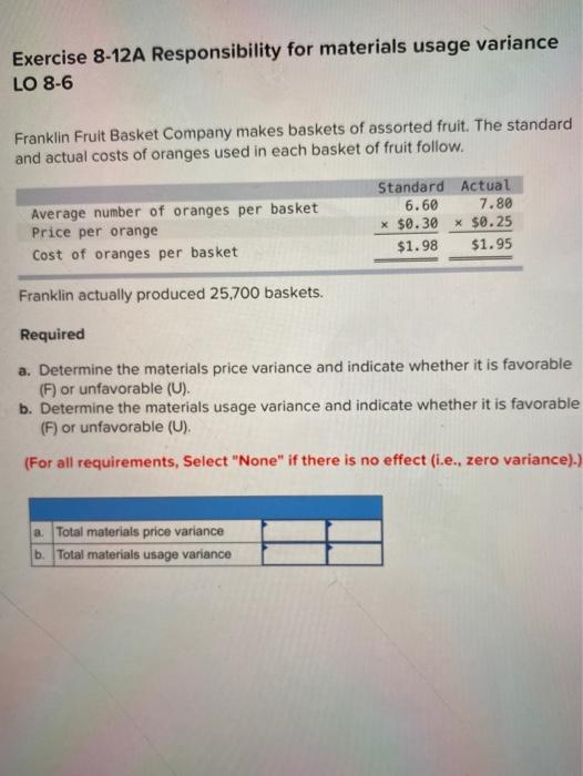  Exercise 8-12A Responsibility for materials usage variance LO 8-6 Franklin Fruit