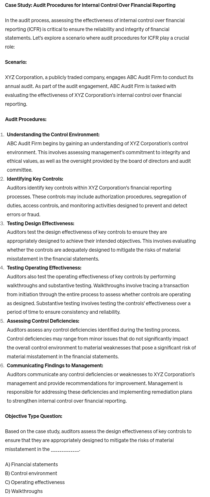 Case Study: Audit Procedures for Internal Control Over Financial Reporting In