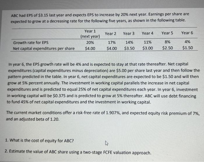 please show excel work and steps. thanks ABC had EPS of $3.15