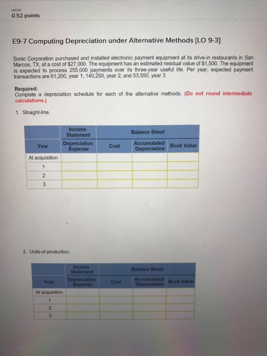  0.52 points E9-7 computing Depreciation under Alternative Methods [LO 9-31 Sonic