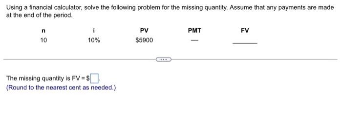  Using a financial calculator, solve the following problem for the missing