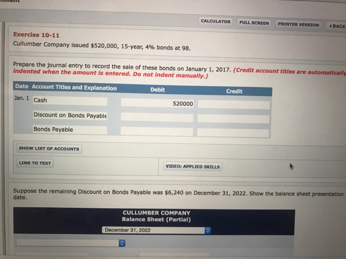  CALCULATOR FULL SCREEN PRINTER VERSION BACK Exercise 10-11 Cullumber Company issued