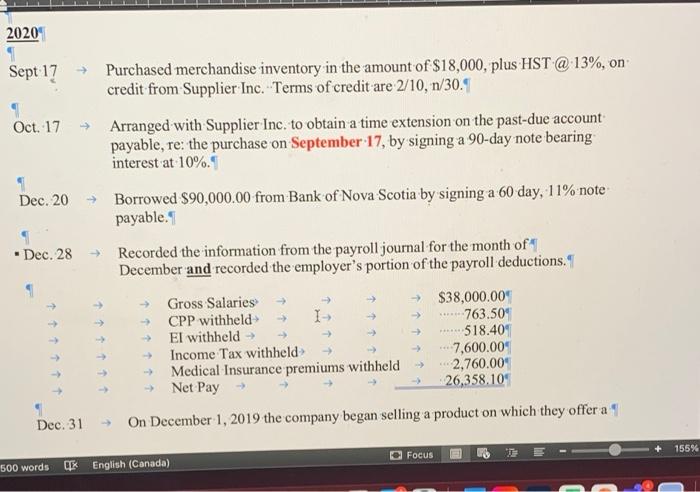  please show caluclations under each entry and enter the dates 2020