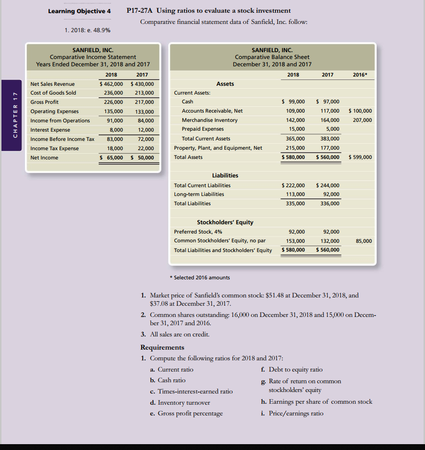  Learning objective 4 P17-27A Using ratios to evaluate a stock investment