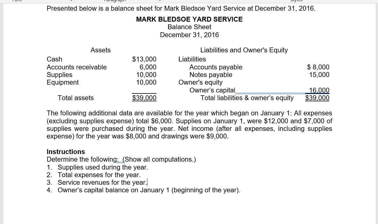  Presented below is a balance sheet for Mark Bledsoe Yard Service