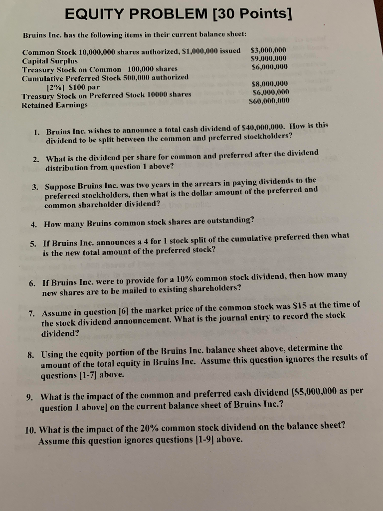 Please Solve as many as Chegg allows. Really need help EQUITY