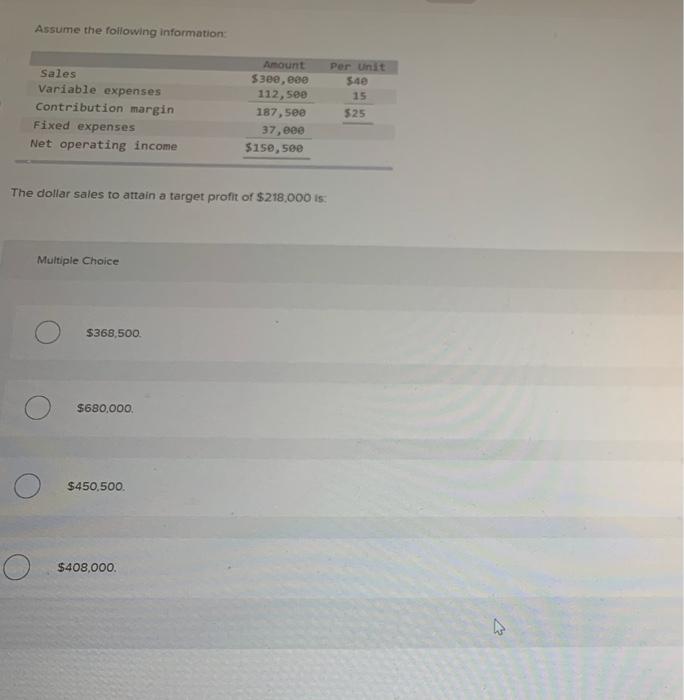  Assume the following information Sales Variable expenses Contribution margin Fixed expenses