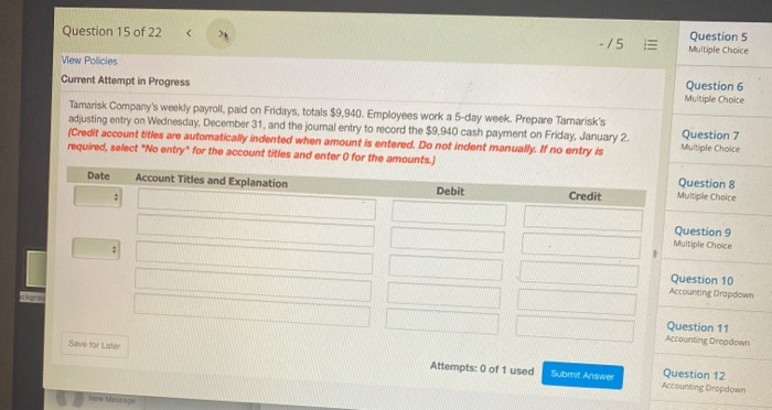  Question 15 of 22 > - /5 Question 5 Multiple Choice