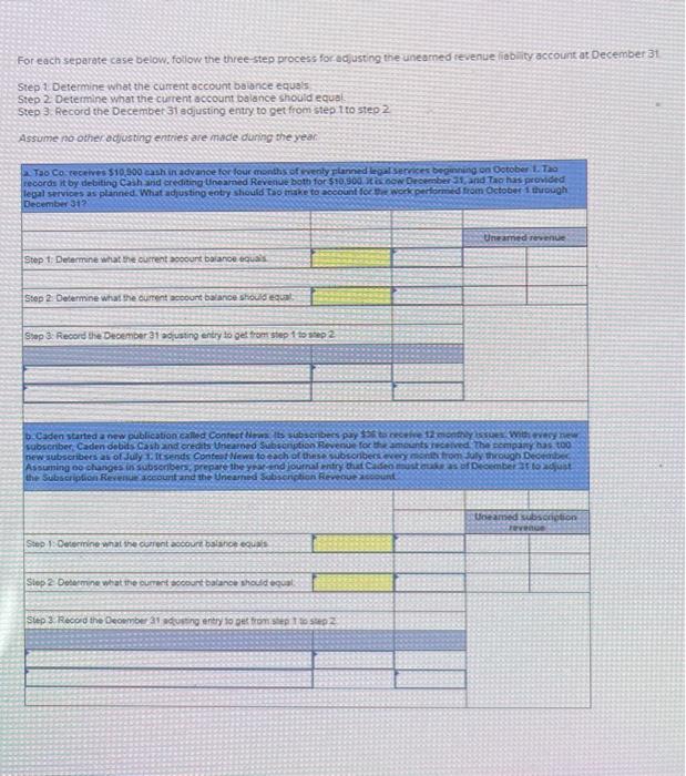  For each separate case below, follow the three step process for