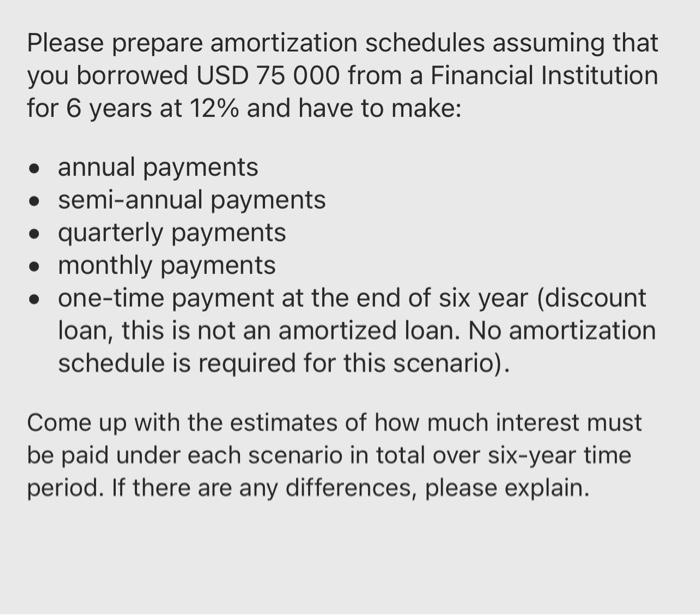  Please prepare amortization schedules assuming that you borrowed USD 75 000