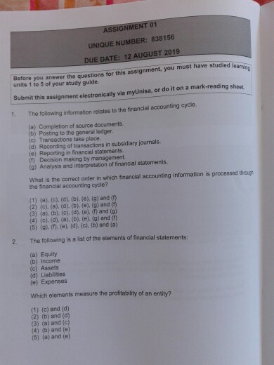  ASSIGNMENT 01 UNIQUE NUMBER: 838156 DUE DATE: 12 AUGUST 2019 Before