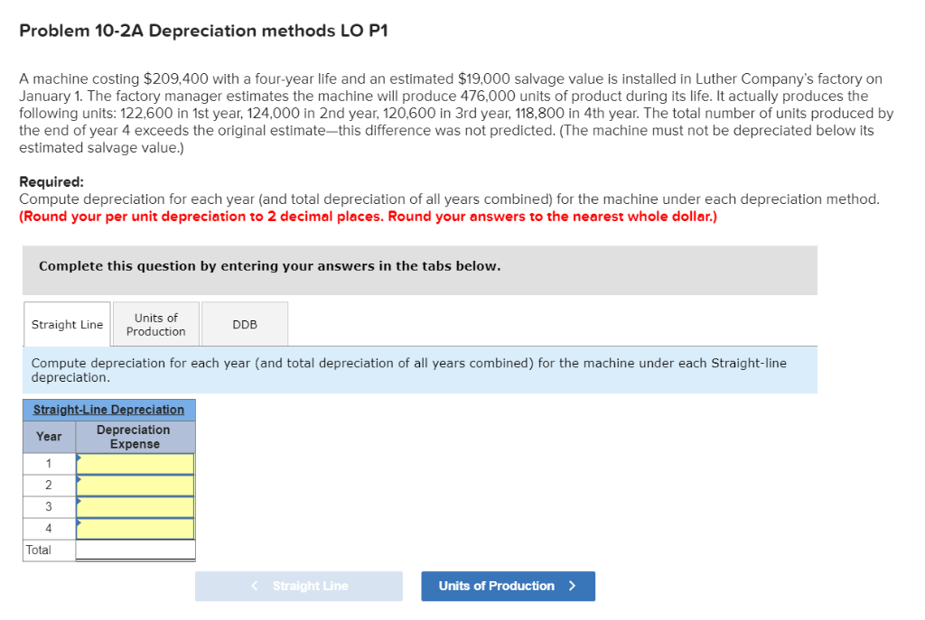  Problem 10-2A Depreciation methods LO P1 A machine costing $209,400 with