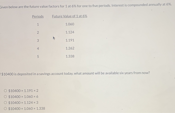  Given below are the future value factors for 1 at 6%