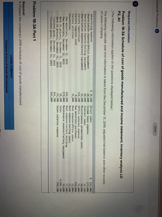  omework Problems Saved O Required information Problem 18-3A Schedule of cost