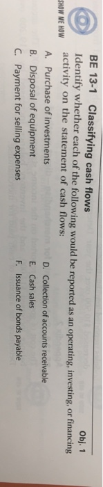  BE 13-1 Classifying cash flows Identify whether activity on the statement