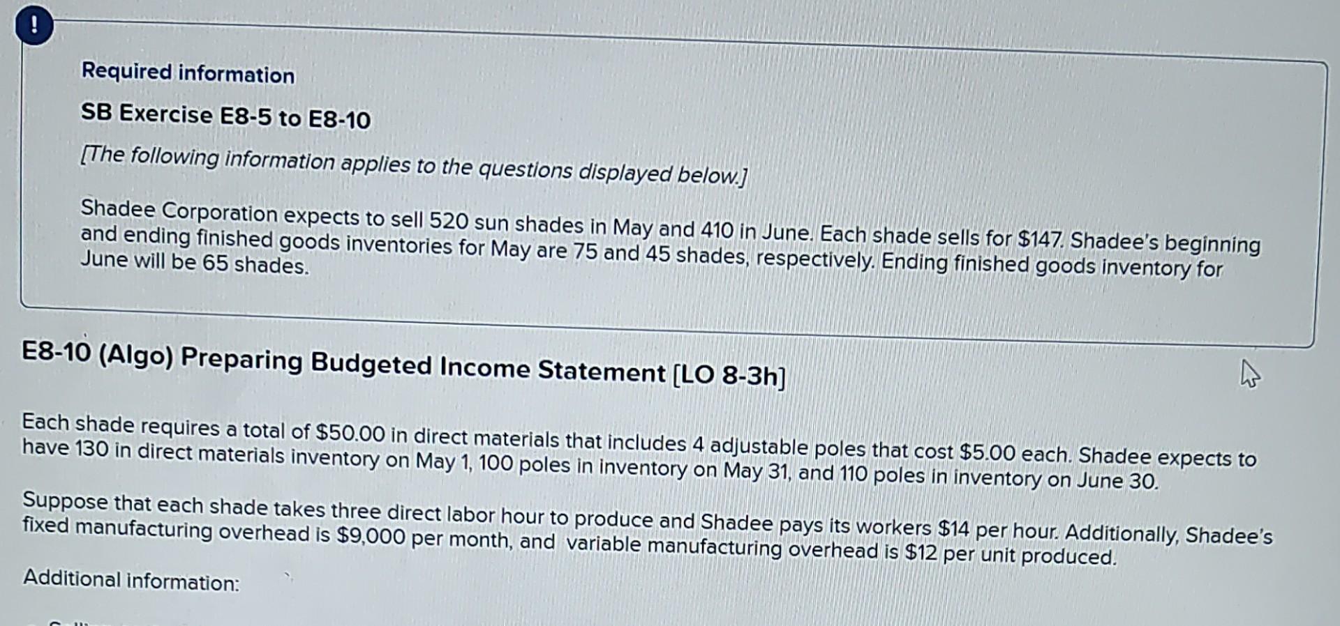 Required information SB Exercise E8-5 to E8-10 [The following information applies