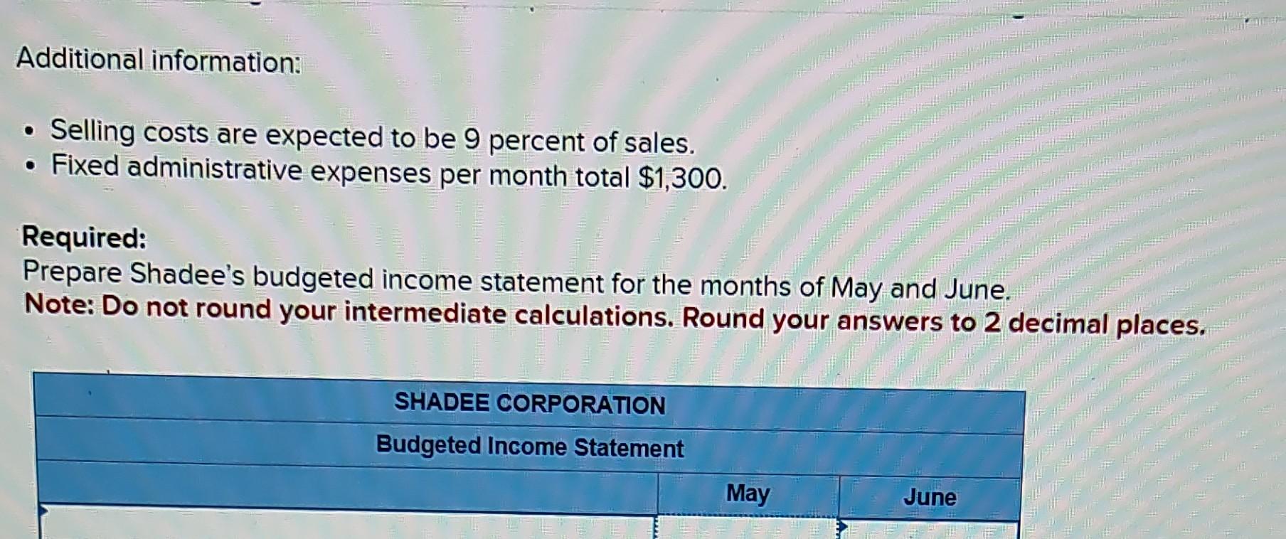 to the questions displayed below.] Shadee Corporation expects to sell 520 sun