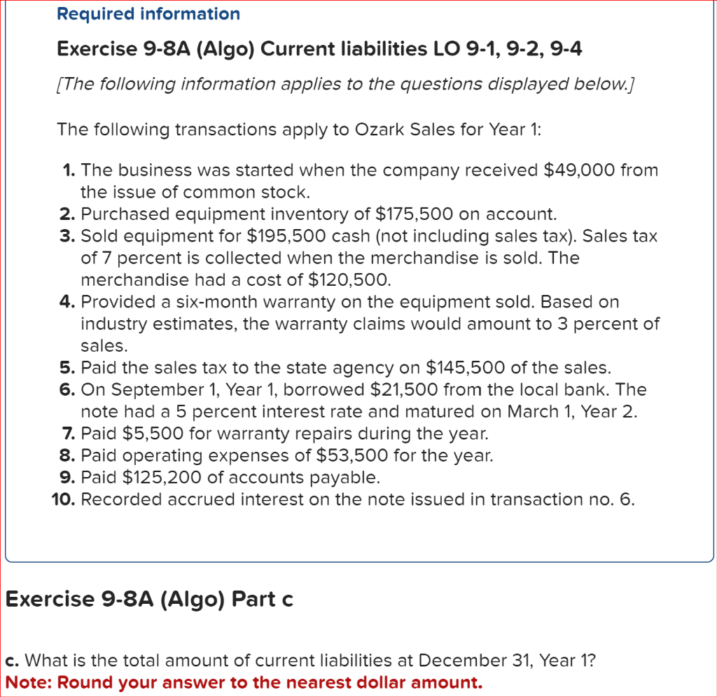  Exercise 9-8A (Algo) Current liabilities LO 9-1, 9-2, 9-4 [The following