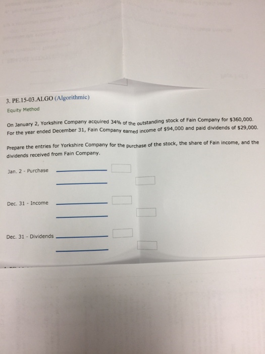  3. PE. 15-03.ALGO (Algorithmic) Equity Method On January 2, Yorkshire Company