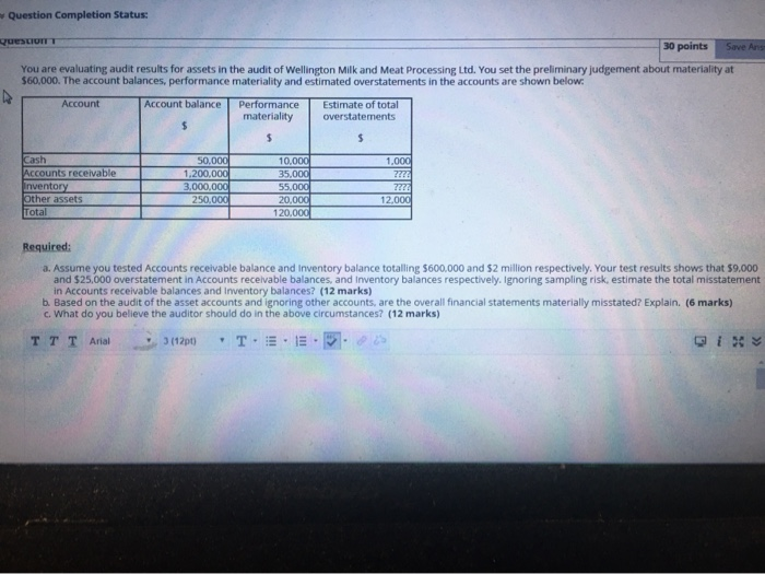  Question Completion Status: queLUIT 30 points Save Ans You are evaluating