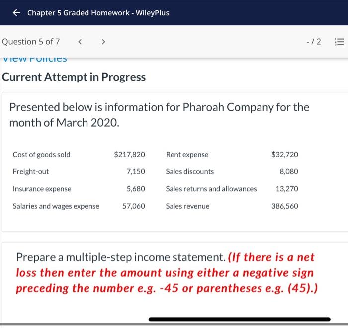 + Chapter 5 Graded Homework - WileyPlus Question 5 of 7