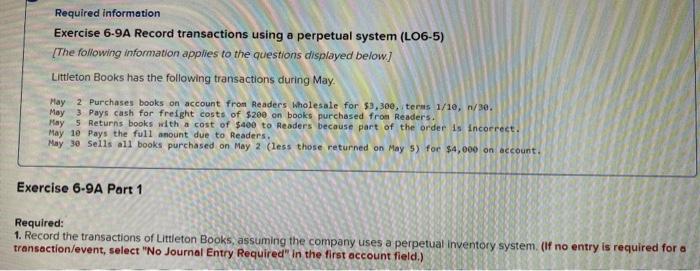  Required information Exercise 6-9A Record transactions using a perpetual system (L06-5)