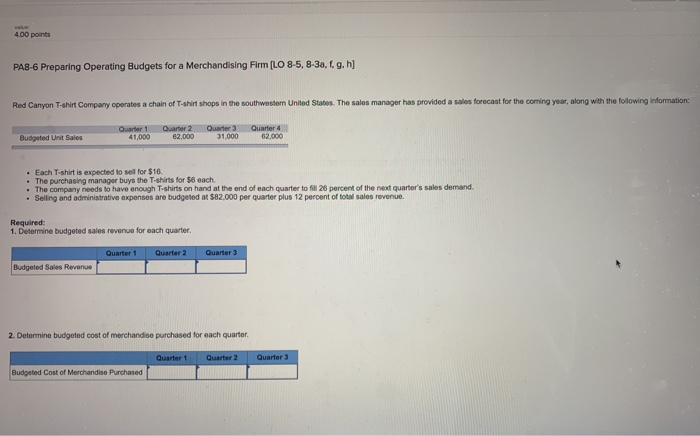  4.00 points PAS-6 Preparing Operating Budgets for a Merchandising Firm [LO