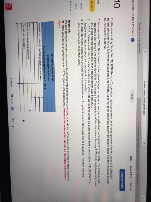  - To Do apter 04 Pre-Built Problems 10 For the year