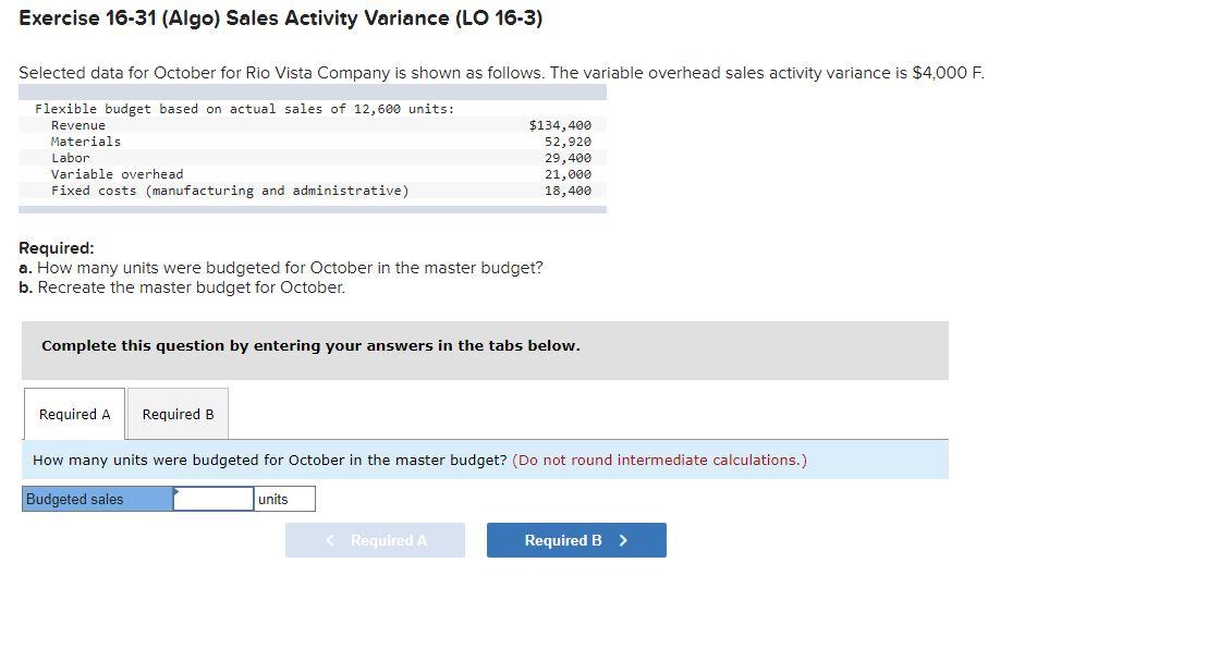  Exercise 16-31 (Algo) Sales Activity Variance (LO 16-3) Selected data for