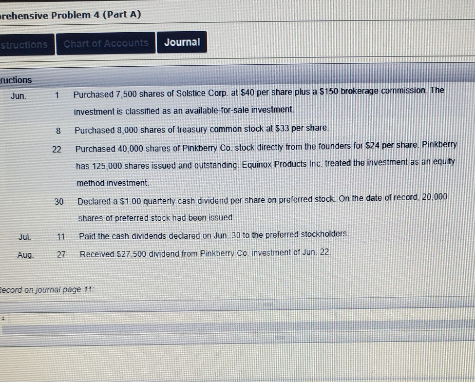 instructions Chart of Accounts Journal Instructions Selected transactions completed by Equinox Products