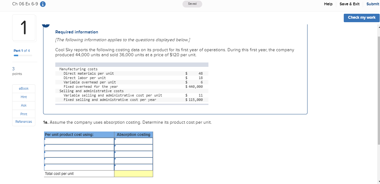 Ch 06 Ex 6-9 A Saved Help Save & Exit Submit