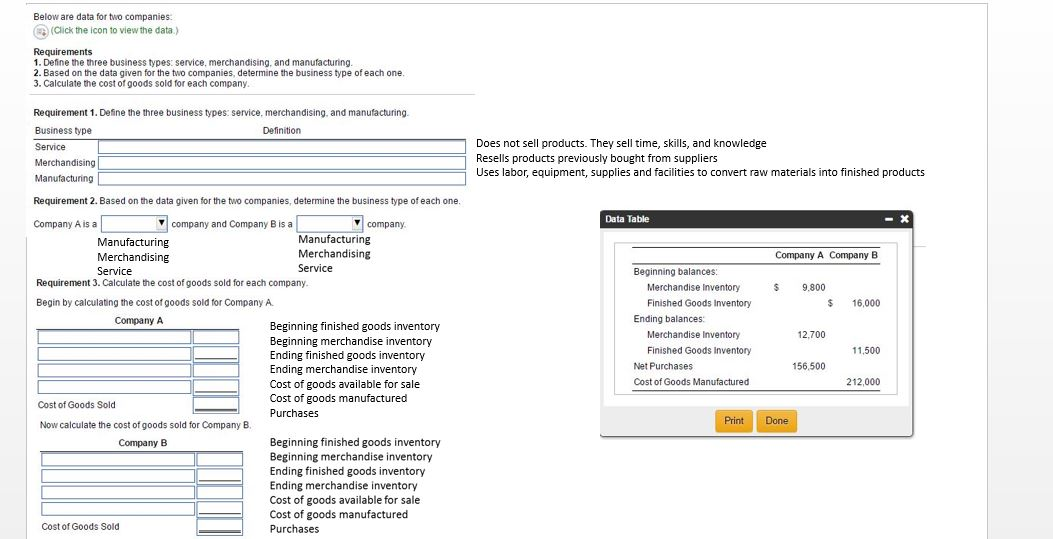 Below are data for two companies: Requirements Define me mree business