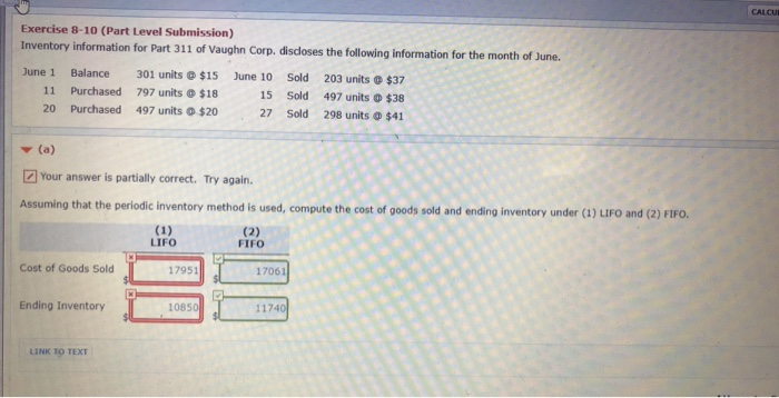  CALCUE Exercise 8-10 (Part Level Submission) Inventory information for Part 311