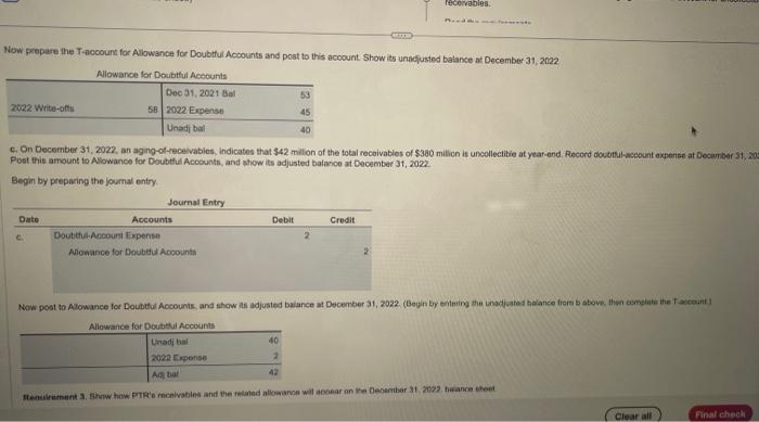 31, 2022, balante sheot The net realizable value of PTR's receivabies at