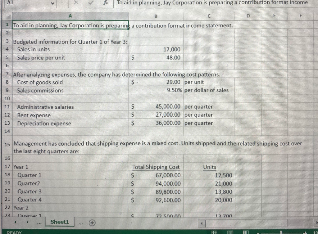 ch 5 excel Excel SIM: High-Low Method; Contribution Format Income Statement Analyze