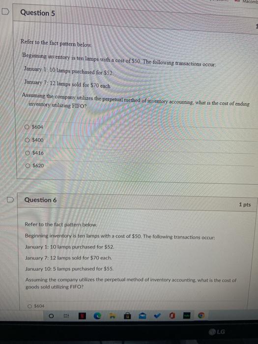  Macombe D Question 5 Refer to the fact pattern below. Beginning