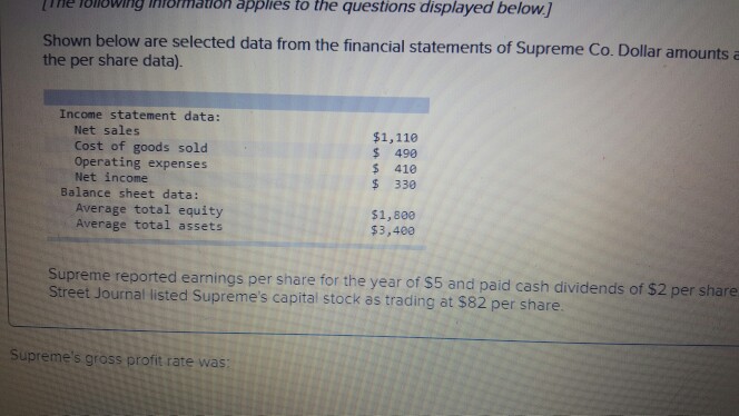  tions displayed below) Shown below are selected data from the financial