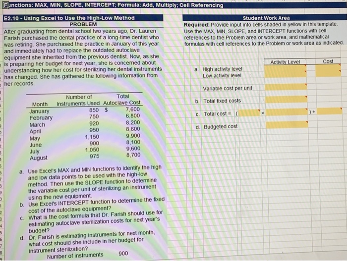  Functions: MAX, MIN, SLOPE, INTERCEPT, Formula: Add, Multiply: Cell Referencing E2.10