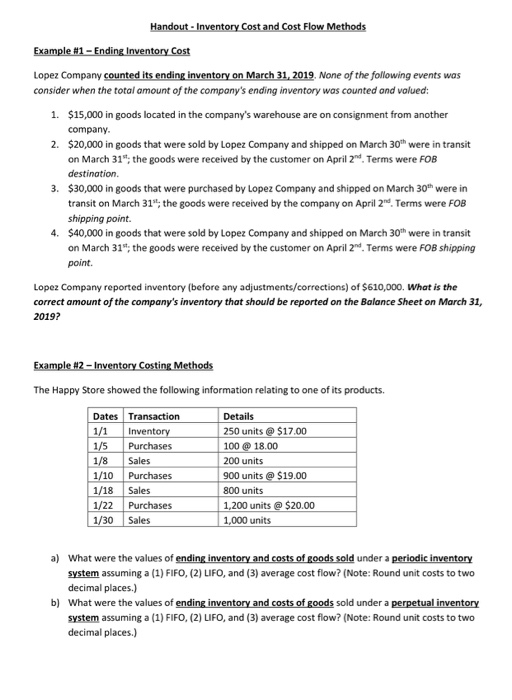  Handout - Inventory Cost and Cost Flow Methods Example #1 -